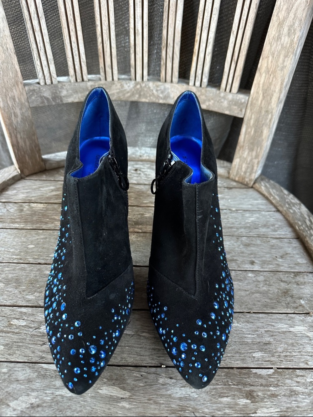 Sigerson Morrison Black Suede Pointed Ankle Booties with Blue Crystal Detail 9